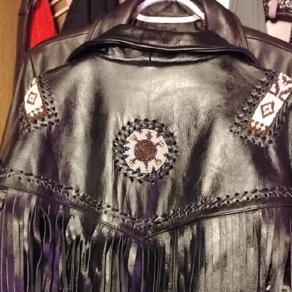Women's M Black Tribal Leather Fringe Jacket w/ Beaded Straps & Turtles - Picture 6 of 6
